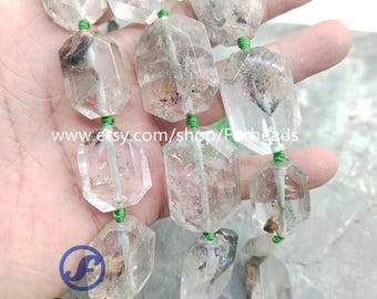 Phantom Quartz Faceted Slab Beads,Irregular Green Ghost Crystal Slice Nugget Pendants Necklaces Making