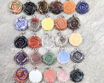 25mm Carved Gemstone Rose Pendants,Carving Healing Crystal Quartz Flower Necklace Charms Jewelry Making
