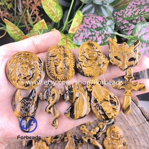 Carved Tiger Eye Pendants Natural Gemstone Carving Lion Fox Wolf Head Buddha Cross Snake Unicorn Charms Crafts Necklace Making Jewelry Gift