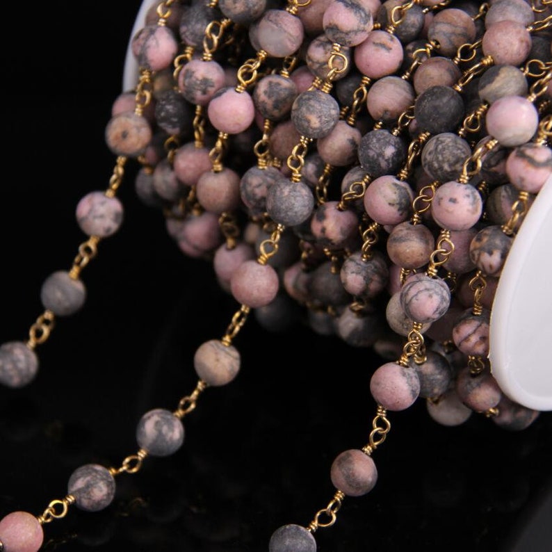 Rhodonite 8mm Matted Round Bead Chain,Brass Wire Wrapped Natural Rhodochrosite Stone Rosary Chain DIY Fashion Necklace bracelet Jewelry