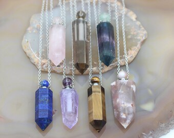 Gemstone Essential Oil Diffuser Necklace,Crystal Hexagon Prism Point Perfume Bottle Pendants
