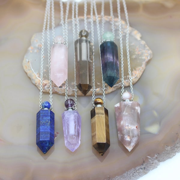 Steel Chains Necklaces Essential Oil Diffuser Vial Hexagon Prism Pendants,Sakura Agate Fluorite Quartz Gems Pointed Perfume Bottle Charms