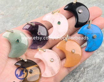30mm Gemstone Moon Pendants With Inlaid Colored Zircon Crystal Crescent CZ Charms Jewelry Making