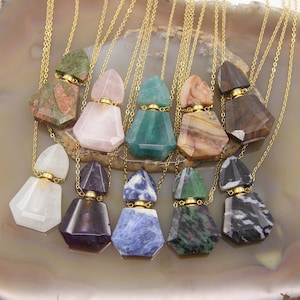 Faceted Slab Natural Gemstone Perfume Bottle Pendant Chains,Healing Crystal Jasper Essential Oil Diffuser Vial Charms Necklace Women Jewelry