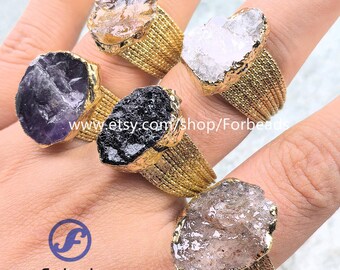 Raw Crystal Quartz Ring Gold Plated Rough Citrine Amethyst Tourmaline Geode Adjustable Finger Rings