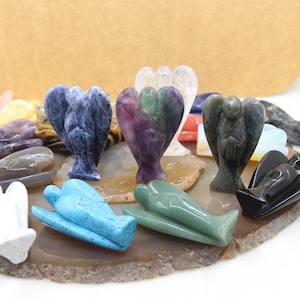 20 Stone Choice,3 inches Carved Prayer Angel Home Decor,Natural Fluorite Crystal Angel Figurine,Obsidian Lapis Quartz Jasper Pocket Angels