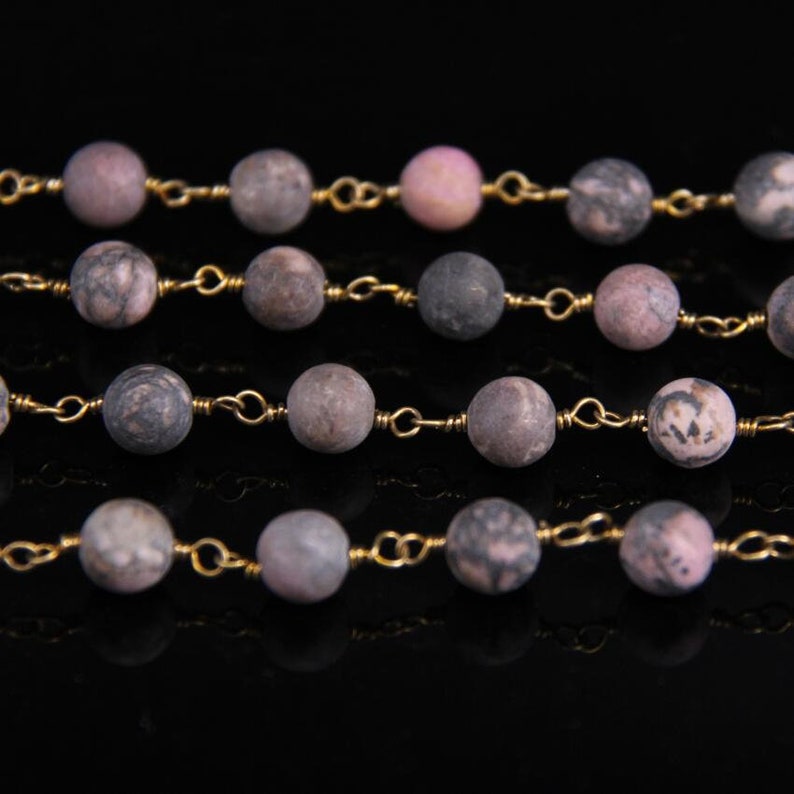 Rhodonite 8mm Matted Round Bead Chain,Brass Wire Wrapped Natural Rhodochrosite Stone Rosary Chain DIY Fashion Necklace bracelet Jewelry