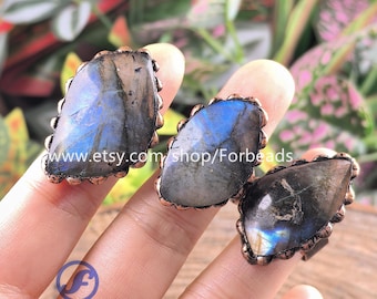 Irregular Labradorite Antique Copper Ring, Adjustable Crystal Quartz Gemstone Statement Ring Women Man Jewelry