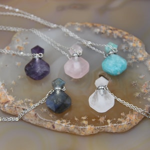 Mini Gemstone Perfume Bottle Necklace, Amethyst, Rose Quartz, Essential Oil Diffuser