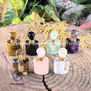 Healing Crystal Quartz Perfume Bottle Pendant Plated Gold Necklaces,Natural Stone Obsidian Amethyst Essential Oil Diffuser Vial Charm Chains