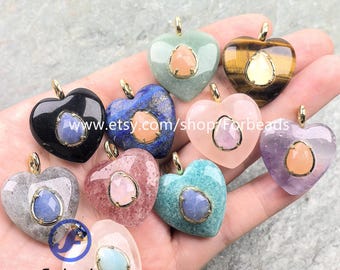 25mm Heart Gemstone With Inlaid Drop Quartz Charms Healing Crystal Pendants DIY Jewelry Necklace