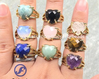 Faceted Gemstone Heart Ring,Gold Plated Healing Crystal Lapis Amazonite Cabochon Adjustable Finger Rings