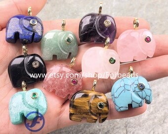 Carved Quartz Elephant Pendants Gemstone With Inlaid Zircon Healing Crystal Animal Charms Necklace Making