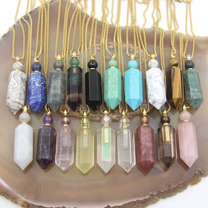 Natural Gemstone Hexagon Pointed Perfume Bottle Necklace Pendant,Lace Agate Crystal Quartz Amethyst Prism Essential Oil Diffuser Vial Charms