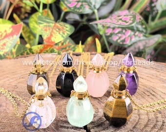 Gemstone Perfume Bottle Necklace, Essential Oil Diffuser, Crystal Vial Pendant