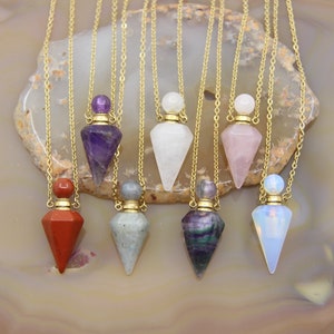 Fluorite Labradorite Faceted Cone Point Essential Oil Bottle Pendant Necklace,Rose Quartz Amethyst Pendulum Perfume Diffuser Vial Charms