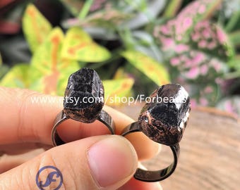 Raw Black Tourmaline Nugget Ring, Antique Copper Adjustable Gemstone Ring Man Jewelry