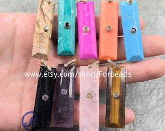 Rectangle Turquoise Gemstone With Inlaid Zircon Charms Reiki Crystal CZ Pendants DIY Jewelry Necklace