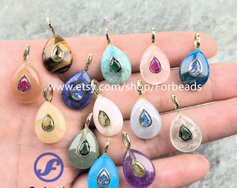 Teardrop Gemstone With Inlaid Drop Zircon Charms Healing Crystal CZ Pendants DIY Jewelry Necklace