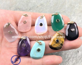 Faceted Slab Quartz Gemstone With Inlaid Zircon Charms Healing Crystal CZ Pendants Jewelry Necklace