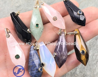 Faceted Teardrop Gemstone With Inlaid Zircon Charms Reiki Quartz Crystal Point CZ Pendants Necklace