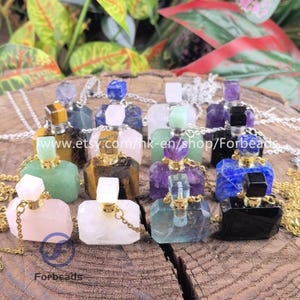 Fluorite Amethyst Perfume Bottle Pendant Silver Necklace,Rectangle Healing Crystal Quartz Essential Oil Diffuser Vial Charm Gold Chains Gift