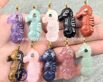 Carved Gemstone Seahorse Pendants With Inlaid Zircon Crystal Quartz Animal CZ Charms Necklace Making