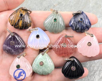 Reiki Quartz Carved Shell Pendants With Inlaid Zircon Charms Crystal Gemstone CZ Necklace Making