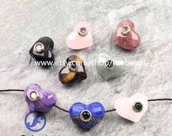 Big Hole Gemstone Heart Beads Connector With Inlaid Zircon Crystal Pendant Bracelet Jewelry Making