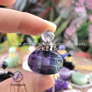 Fluorite Quartz Oval Perfume Bottle Pendant Silver Necklace,Natural Stone Healing Crystal Essential Oil Diffuser Vial Charm Gold Chains Gift