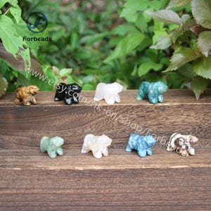 Puede incluir: Ocho pequeñas figuritas de oso talladas en diferentes tipos de piedra. Los osos son de diferentes colores, incluyendo marrón, negro, blanco, verde, azul y multicolor. Los osos están dispuestos en una fila sobre una superficie de madera.