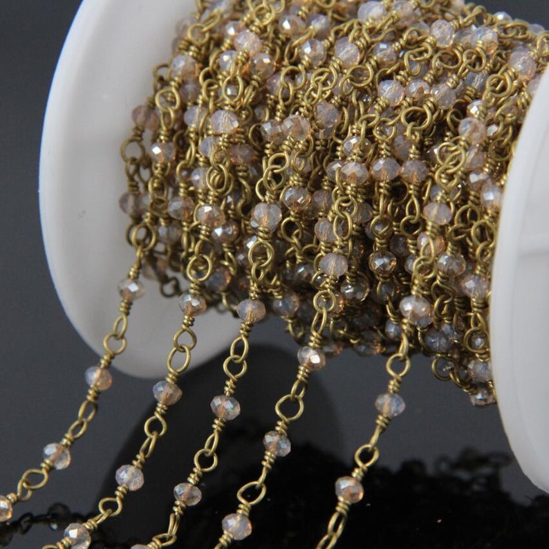 2x3mm wire wrapped with brass copper loop necklace findings,brown opal color glass faceted rondelle beads chains rosary chain