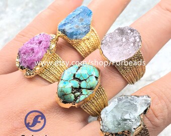 Raw Turquoise Druzy Ring Gold Plated Rough Crystal Fluorite Apatite Geode Adjustable Finger Rings