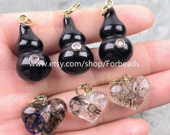 Obsidian Gourd Pendants With Inlaid Zircon Ghost Crystal Phantom Quartz Heart CZ Charms Jewelry