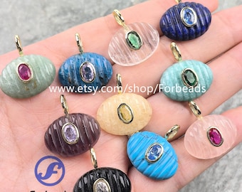 15x20mm Carved Gemstone Oval Pendants With Inlaid Zircon Charms Reiki Crystal Quartz Necklace Making