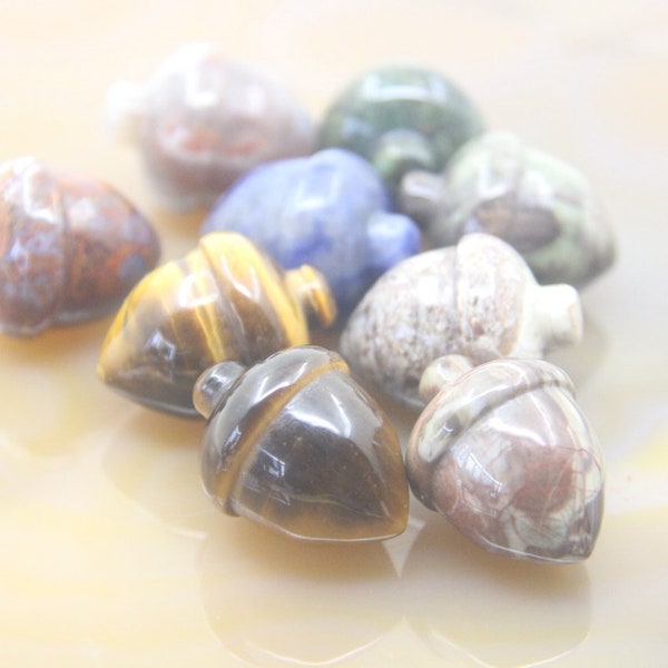 Natural Gemstone Carved Acorn,Healing Crystal Mini Acron Decor Gift,Tiger eye Ocean Jasper Sodalite Hazelnut Pine Cone Pendants Pocket Stone