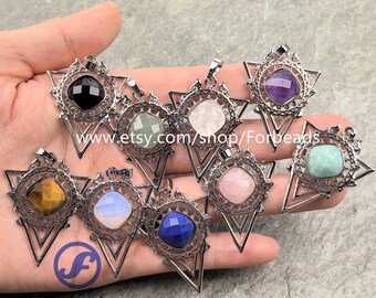 Antique Silver Shield Pendants Square Cabochon Amazonite Lapis Quartz Charms Healing Crystal Retro Jewelry