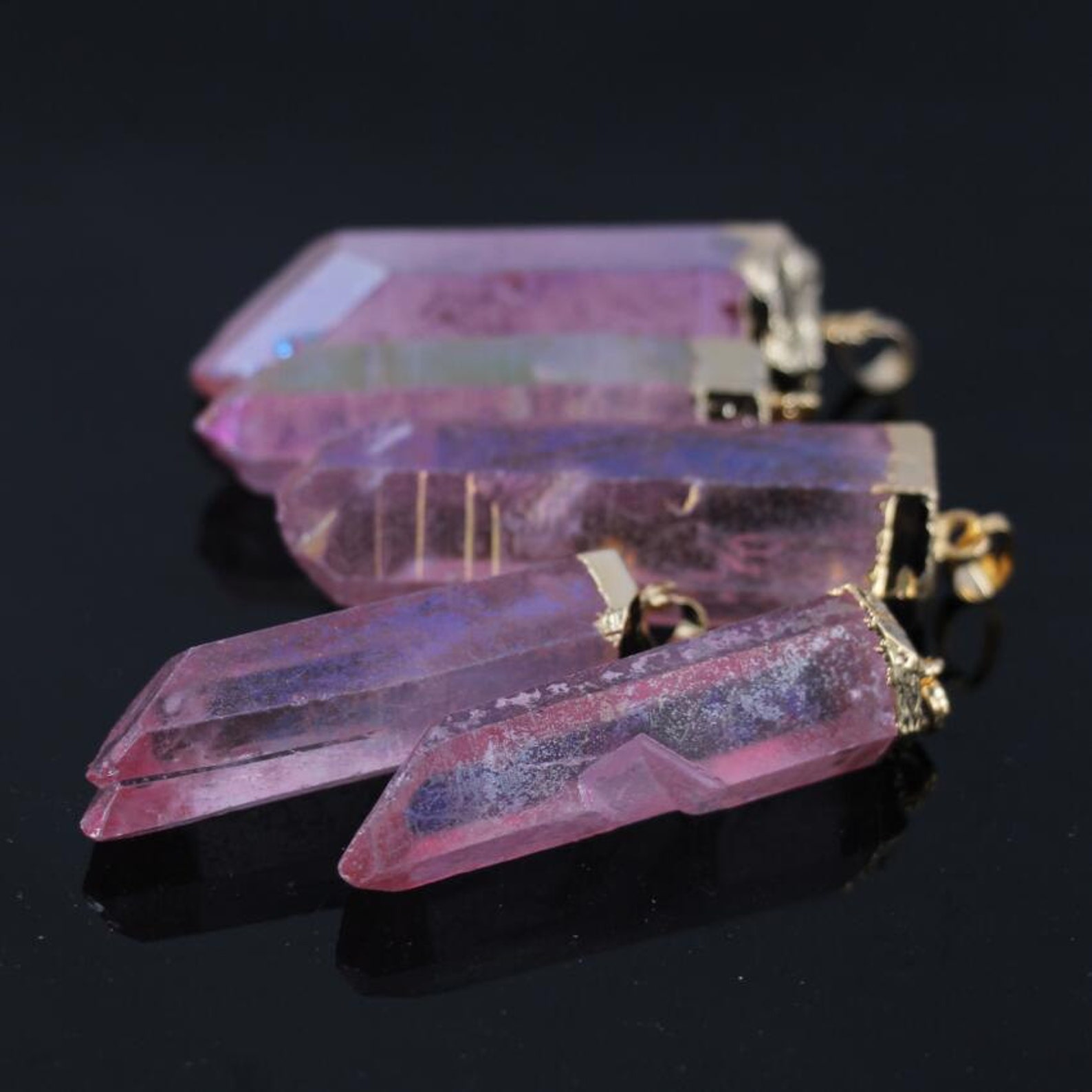 Large Pink Titanium Raw Quartz crystal Point PendantGold | Etsy