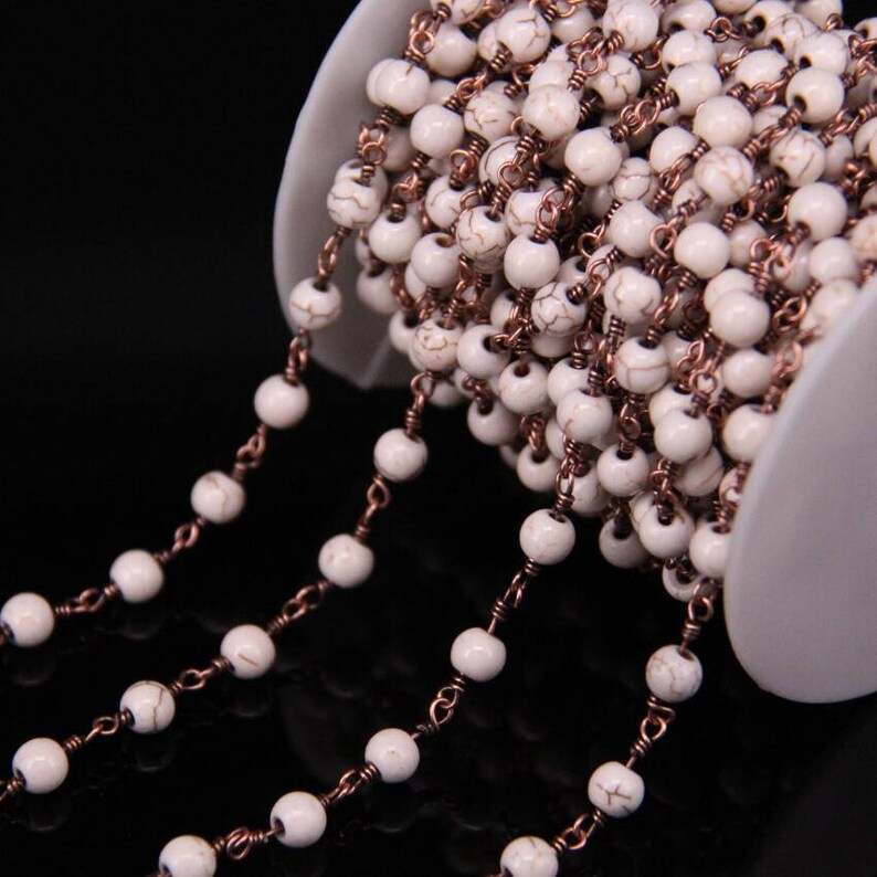 6mm,Plating Antique Red Bronze Wire Wrapped White Turquoises Round Bead Rosary Chain,Link Brass Howlite Sweater Chain Necklace Bracelets