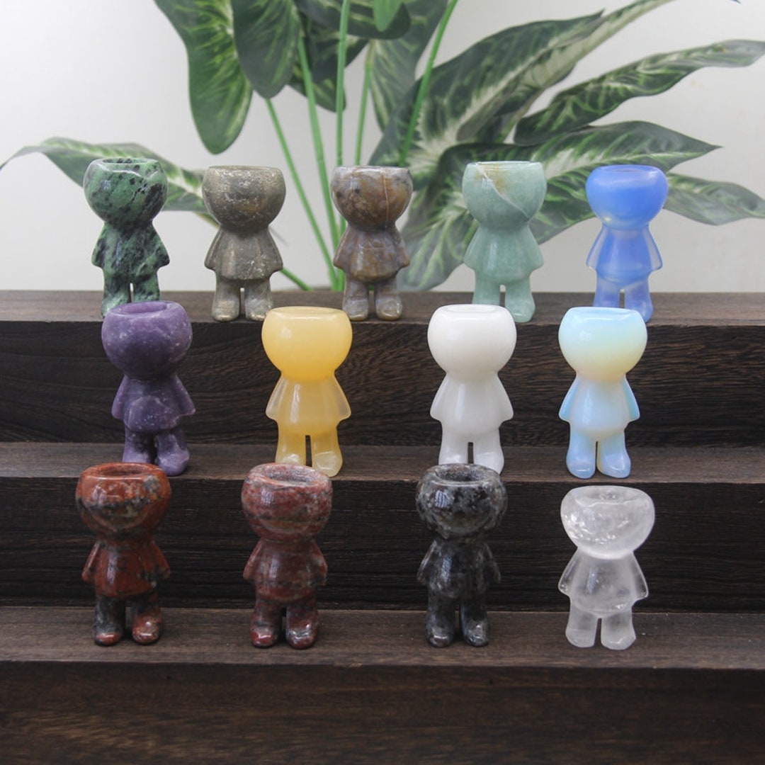 2.4 Natural Gemstone Candle Holder,pyrite/green Ruby/kunzite Opal Carved Candleman Statue