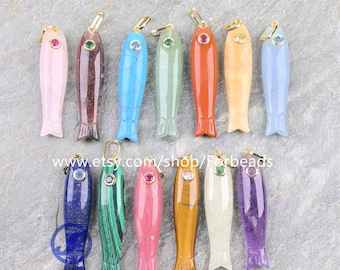 Crystal Quartz Fish Pendants With Inlaid Zircon Carved Gemstone Animal CZ Charms Jewelry Making