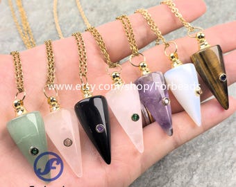 Quartz Perfume Bottle Pendant With Inlaid Zircon,Crystal Cone Essential Oil Diffuser Charms Necklace