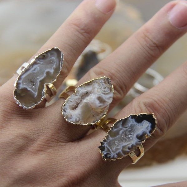 3-10pcs,Natural Agate Druzy Drusy Ring,Irregular Raw Geode Slab Adjustable Silver/Gold Finger Rings Fashion Jewelry Wedding Gift Wholesale