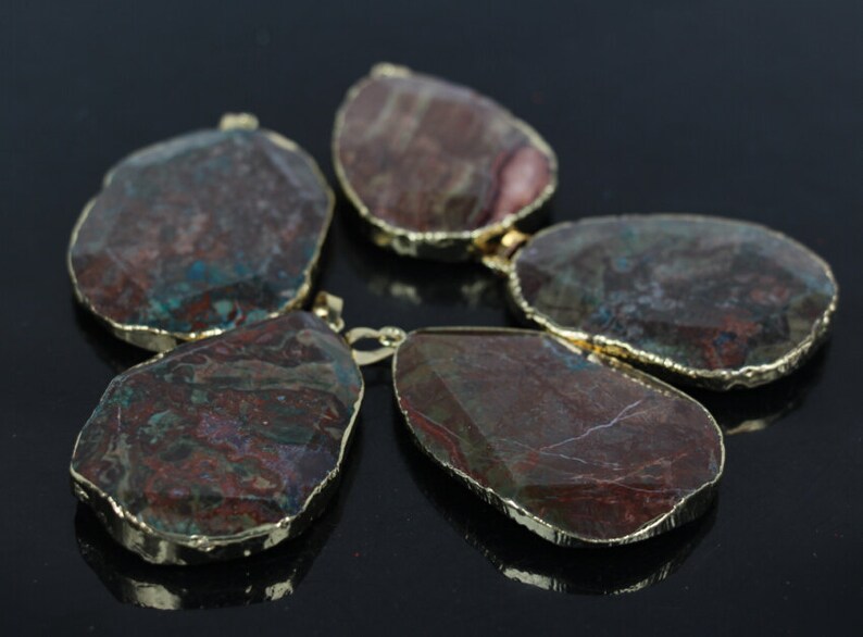 Natural Ocean Jasper Freeform Slab Pendant Beads,Brown Marine Agate Stone gold Foil Edged Facetad Slice fine Pendant jewelry making Crafts