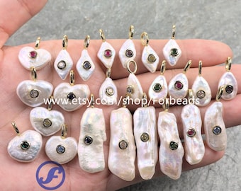 Natural Baroque Pearl Pendants With Inlaid Zircon Heart Teardrop Stick CZ Charms Necklace Making