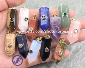 12x34mm Hexagon Point Gemstone Pendants With Inlaid Zircon Crystal Quartz CZ Charms Jewelry Making