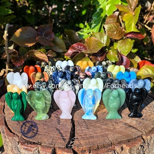 Puede incluir: Una colección de 20 pequeñas figuritas de ángeles talladas en diferentes tipos de piedras pulidas. Los ángeles están dispuestos en semicírculo sobre una superficie de madera. Las piedras incluyen malaquita, amatista, cuarzo rosa, y más.