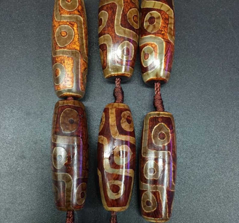 8pcs,Nine Eyes Tibetan Agate Rice Point beads,Brown Dzi Agate Long Barrel Gems,Vintage Style Pendant DIY Necklaces Bracelet Jewelry