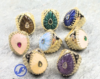 Carved Gemstone Teardrop Ring With Inlaid Zircon Crystal Quartz Drop Cabochon Adjustable Finger Rings