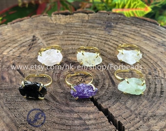 Raw Amethyst Rose Quartz Ring Gold Plated Natural Gemstone Crystal Fluorite Obsidian Adjustable Finger Rings Fashion Women Jewelry Gifts